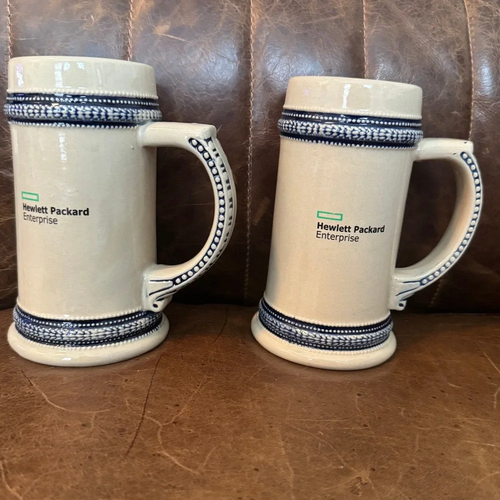 Hewlett Packard Enterprise HPE Beer Stein Mug Set of 2 Blue Beige Stoneware‎